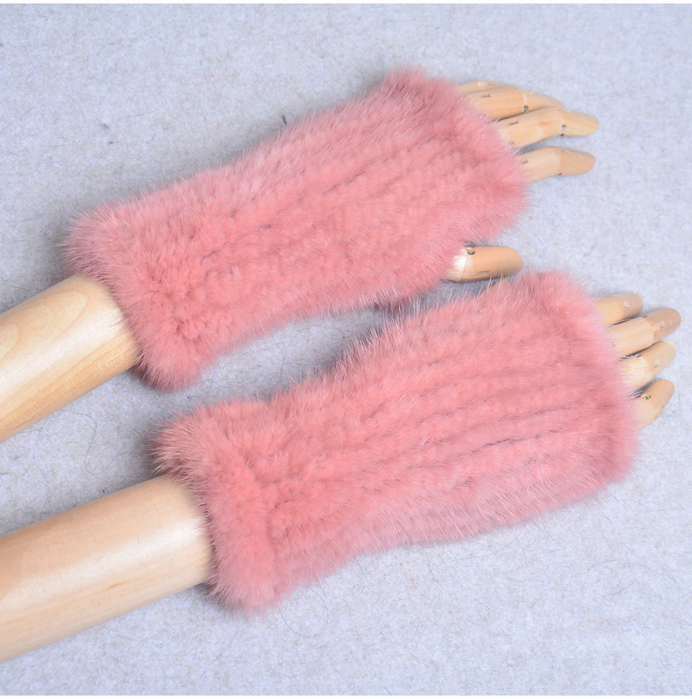 New Women 100% Real Genuine Knitted Mink Fur Mittens Winter Warm Lady Real Fur Fingerless Gloves Handmade Knit Mink Fur Mitten