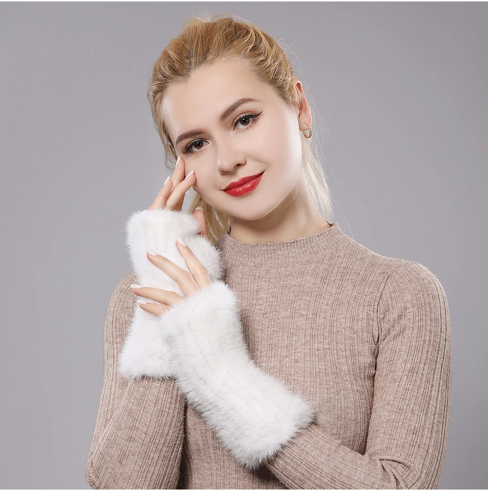 New Women 100% Real Genuine Knitted Mink Fur Mittens Winter Warm Lady Real Fur Fingerless Gloves Handmade Knit Mink Fur Mitten