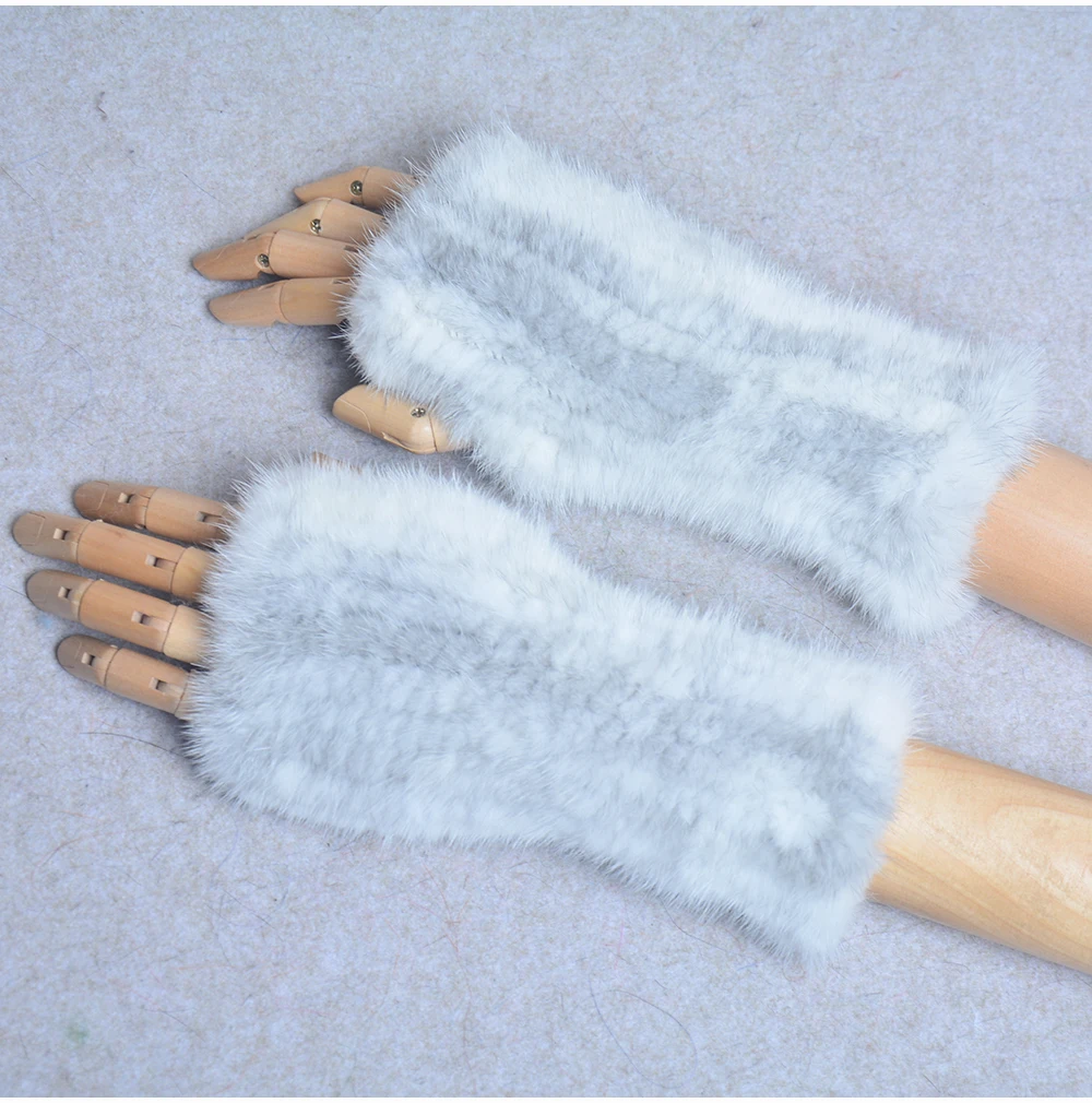 New Women 100% Real Genuine Knitted Mink Fur Mittens Winter Warm Lady Real Fur Fingerless Gloves Handmade Knit Mink Fur Mitten