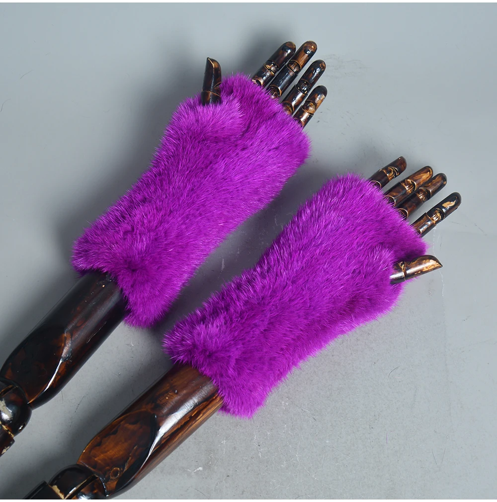 New Women 100% Real Genuine Knitted Mink Fur Mittens Winter Warm Lady Real Fur Fingerless Gloves Handmade Knit Mink Fur Mitten