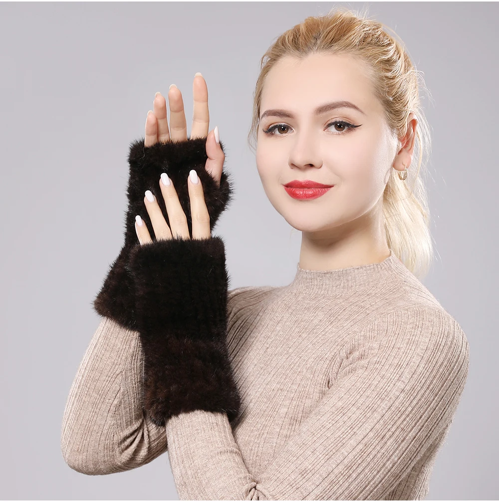 New Women 100% Real Genuine Knitted Mink Fur Mittens Winter Warm Lady Real Fur Fingerless Gloves Handmade Knit Mink Fur Mitten