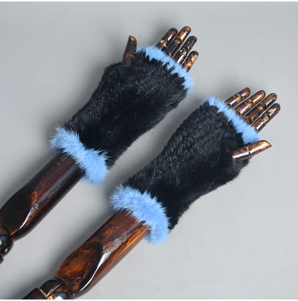 New Women 100% Real Genuine Knitted Mink Fur Mittens Winter Warm Lady Real Fur Fingerless Gloves Handmade Knit Mink Fur Mitten