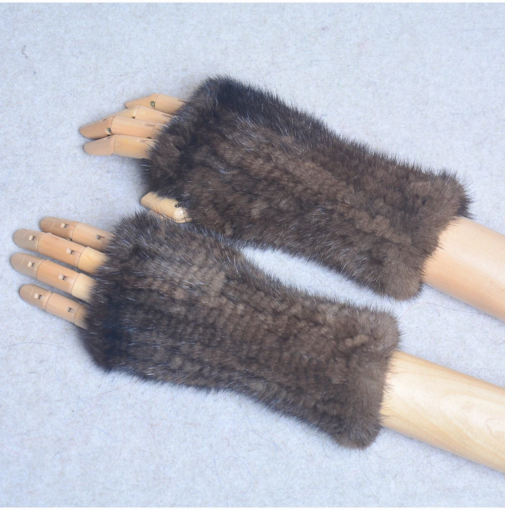 New Women 100% Real Genuine Knitted Mink Fur Mittens Winter Warm Lady Real Fur Fingerless Gloves Handmade Knit Mink Fur Mitten