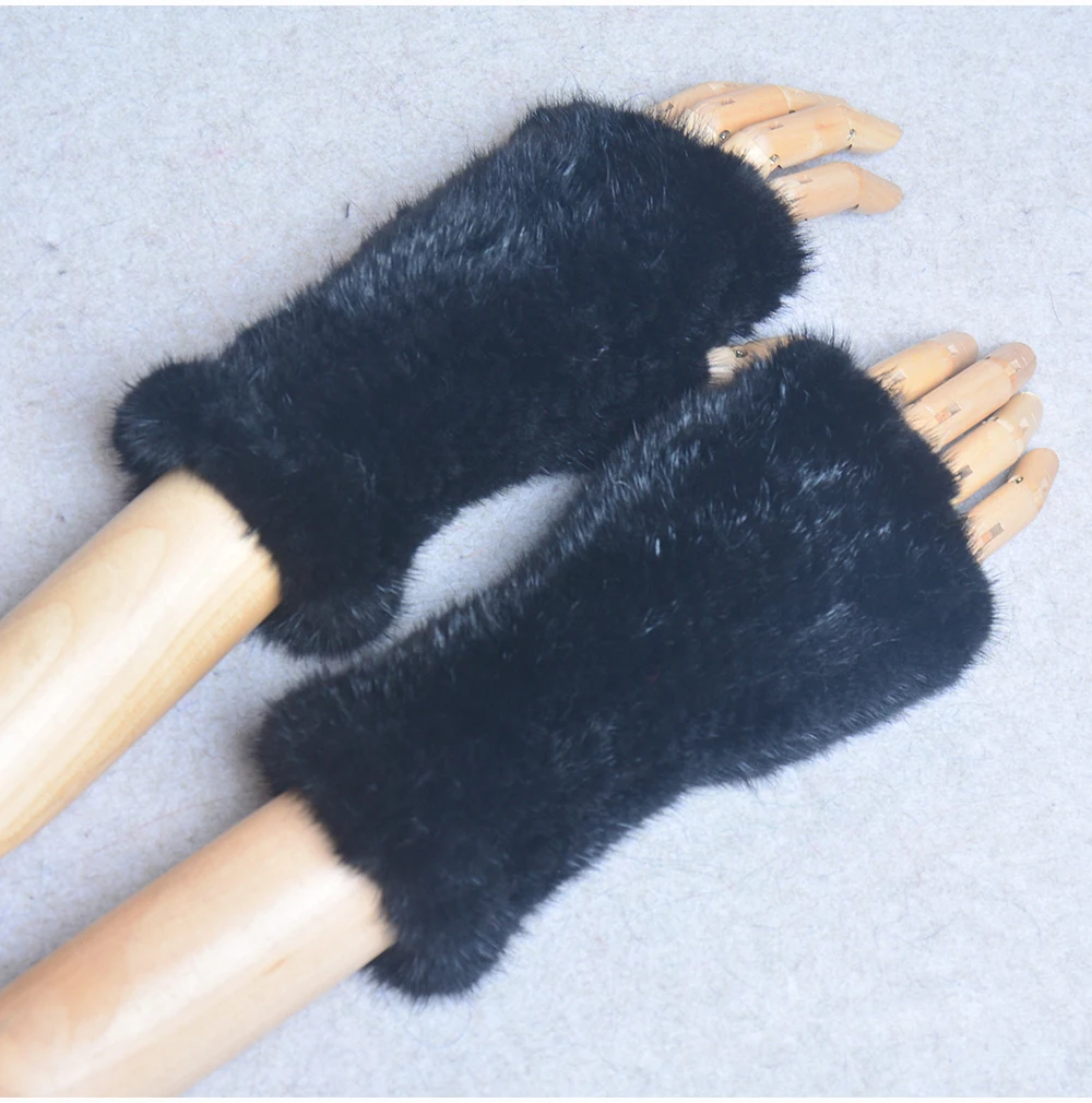 New Women 100% Real Genuine Knitted Mink Fur Mittens Winter Warm Lady Real Fur Fingerless Gloves Handmade Knit Mink Fur Mitten