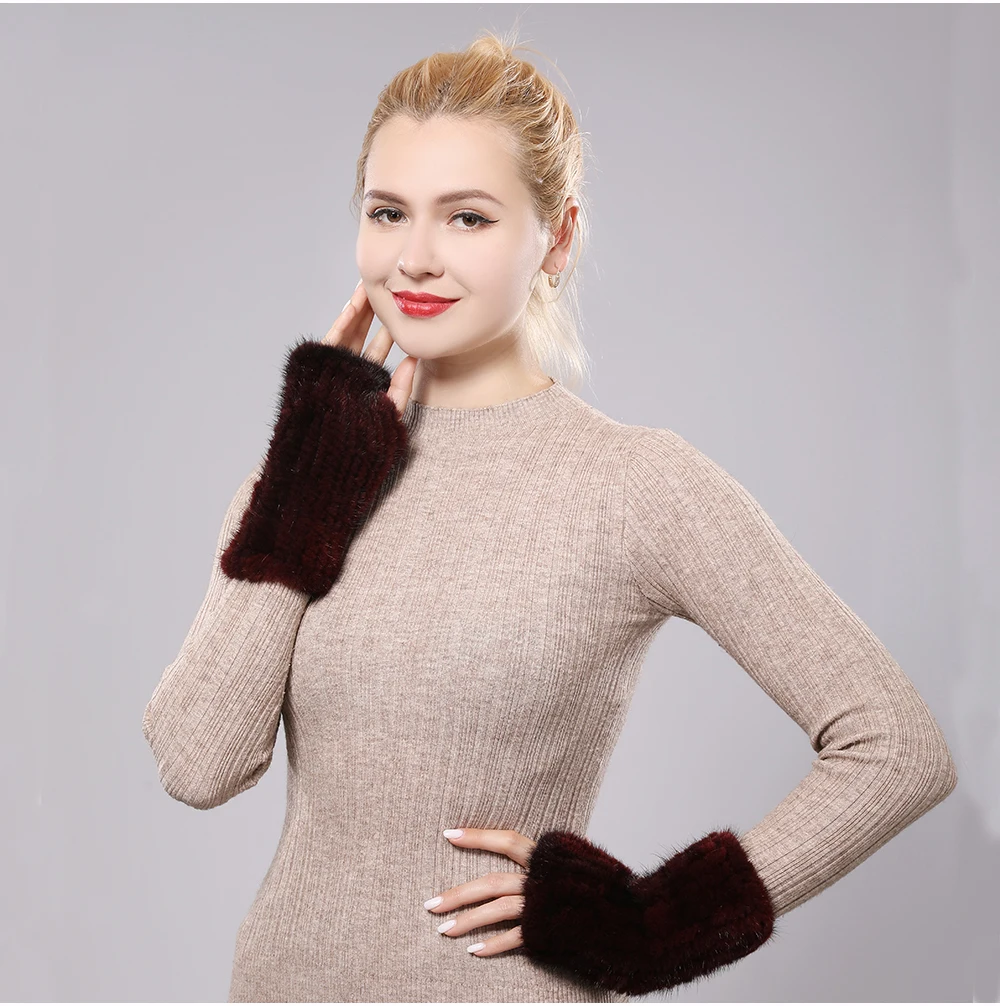 New Women 100% Real Genuine Knitted Mink Fur Mittens Winter Warm Lady Real Fur Fingerless Gloves Handmade Knit Mink Fur Mitten