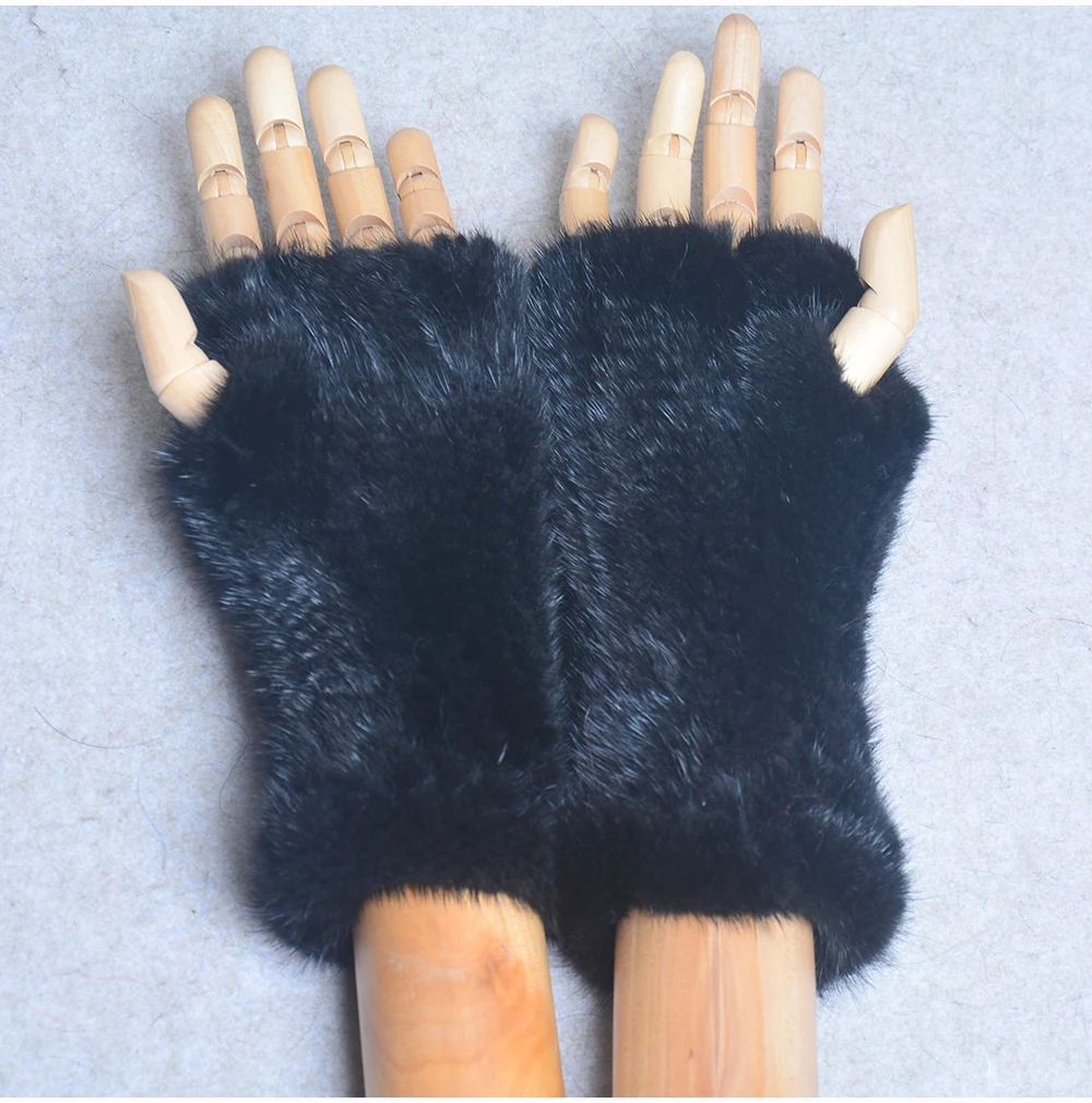 New Women 100% Real Genuine Knitted Mink Fur Mittens Winter Warm Lady Real Fur Fingerless Gloves Handmade Knit Mink Fur Mitten