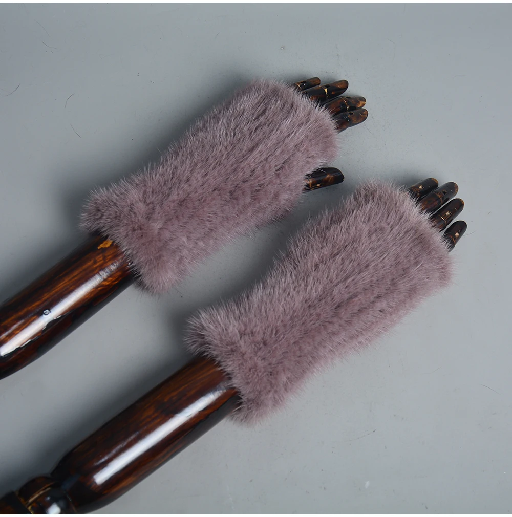 New Women 100% Real Genuine Knitted Mink Fur Mittens Winter Warm Lady Real Fur Fingerless Gloves Handmade Knit Mink Fur Mitten