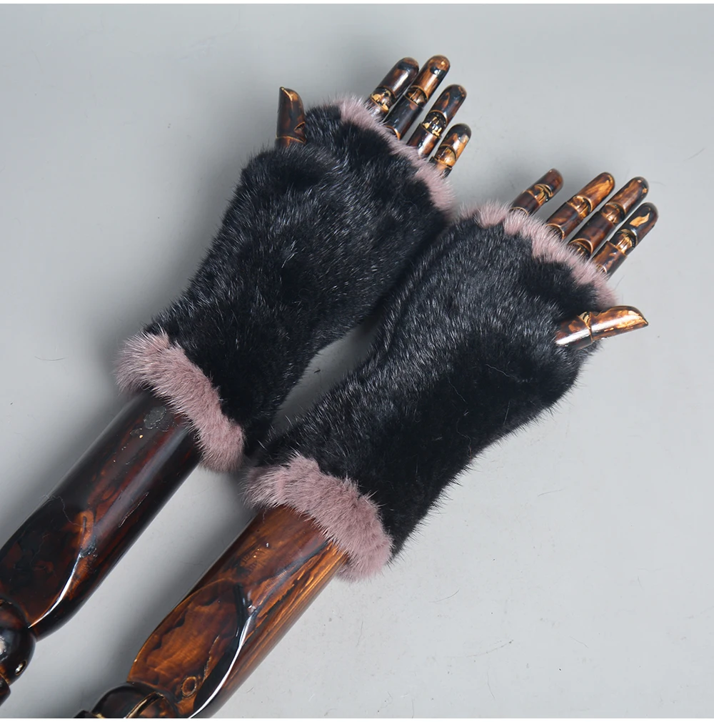 New Women 100% Real Genuine Knitted Mink Fur Mittens Winter Warm Lady Real Fur Fingerless Gloves Handmade Knit Mink Fur Mitten