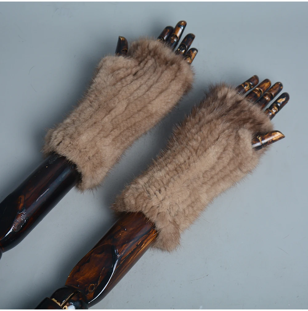 New Women 100% Real Genuine Knitted Mink Fur Mittens Winter Warm Lady Real Fur Fingerless Gloves Handmade Knit Mink Fur Mitten