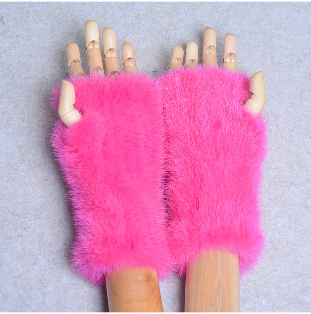 New Women 100% Real Genuine Knitted Mink Fur Mittens Winter Warm Lady Real Fur Fingerless Gloves Handmade Knit Mink Fur Mitten