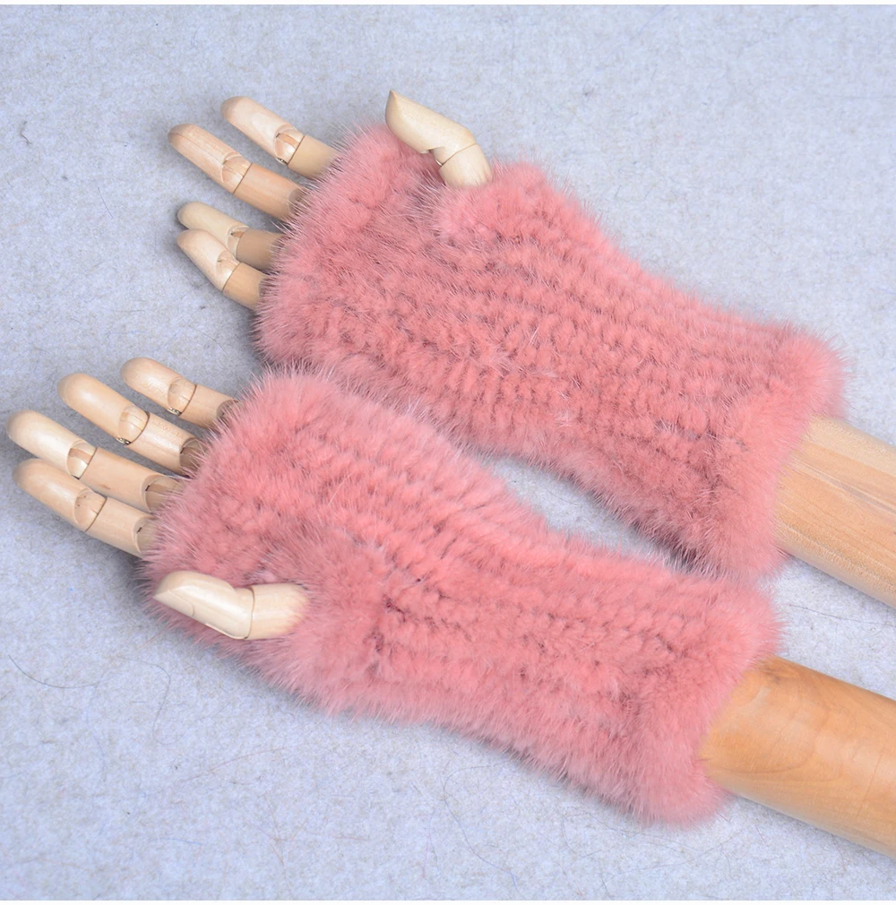 New Women 100% Real Genuine Knitted Mink Fur Mittens Winter Warm Lady Real Fur Fingerless Gloves Handmade Knit Mink Fur Mitten