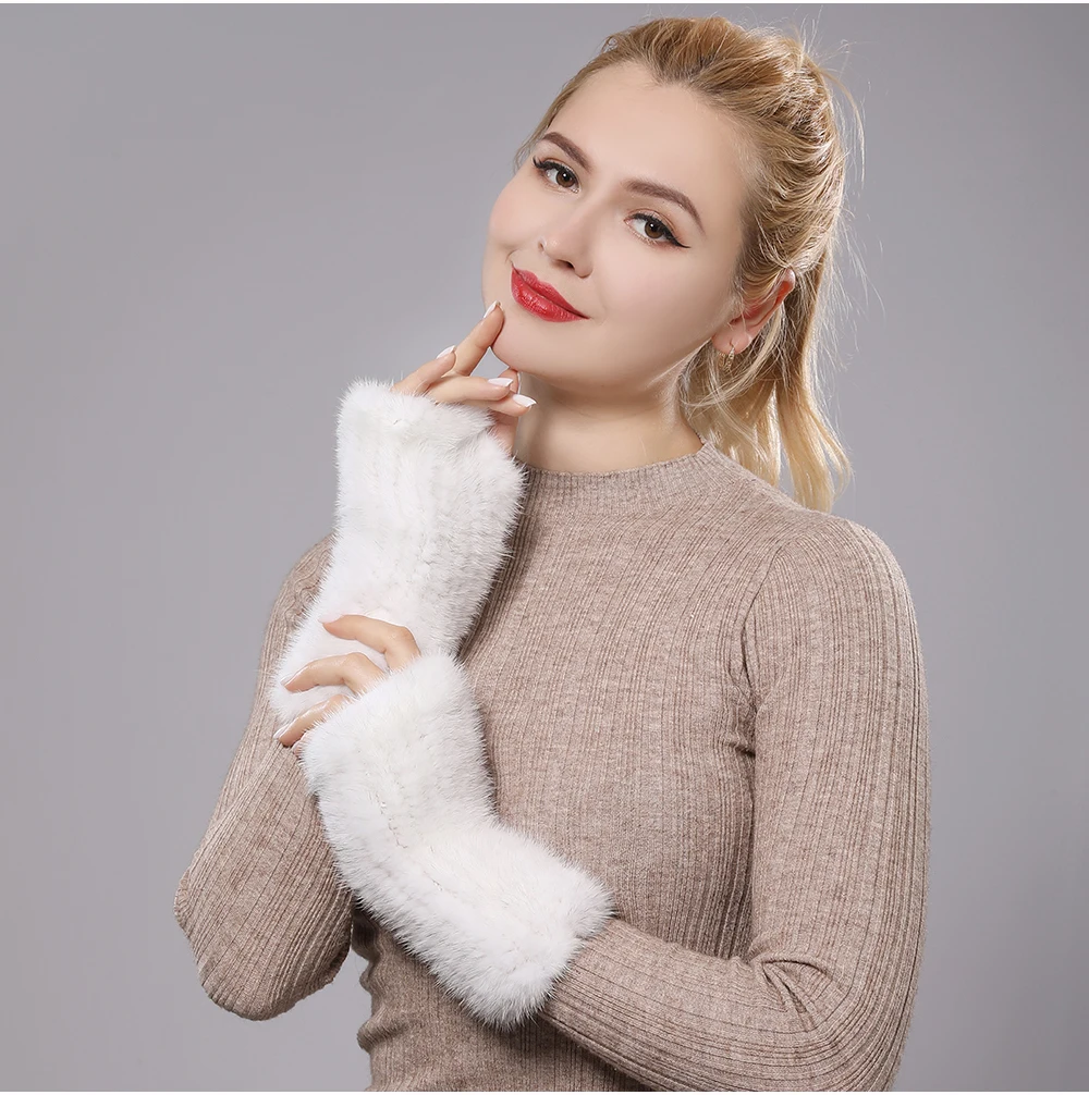 New Women 100% Real Genuine Knitted Mink Fur Mittens Winter Warm Lady Real Fur Fingerless Gloves Handmade Knit Mink Fur Mitten