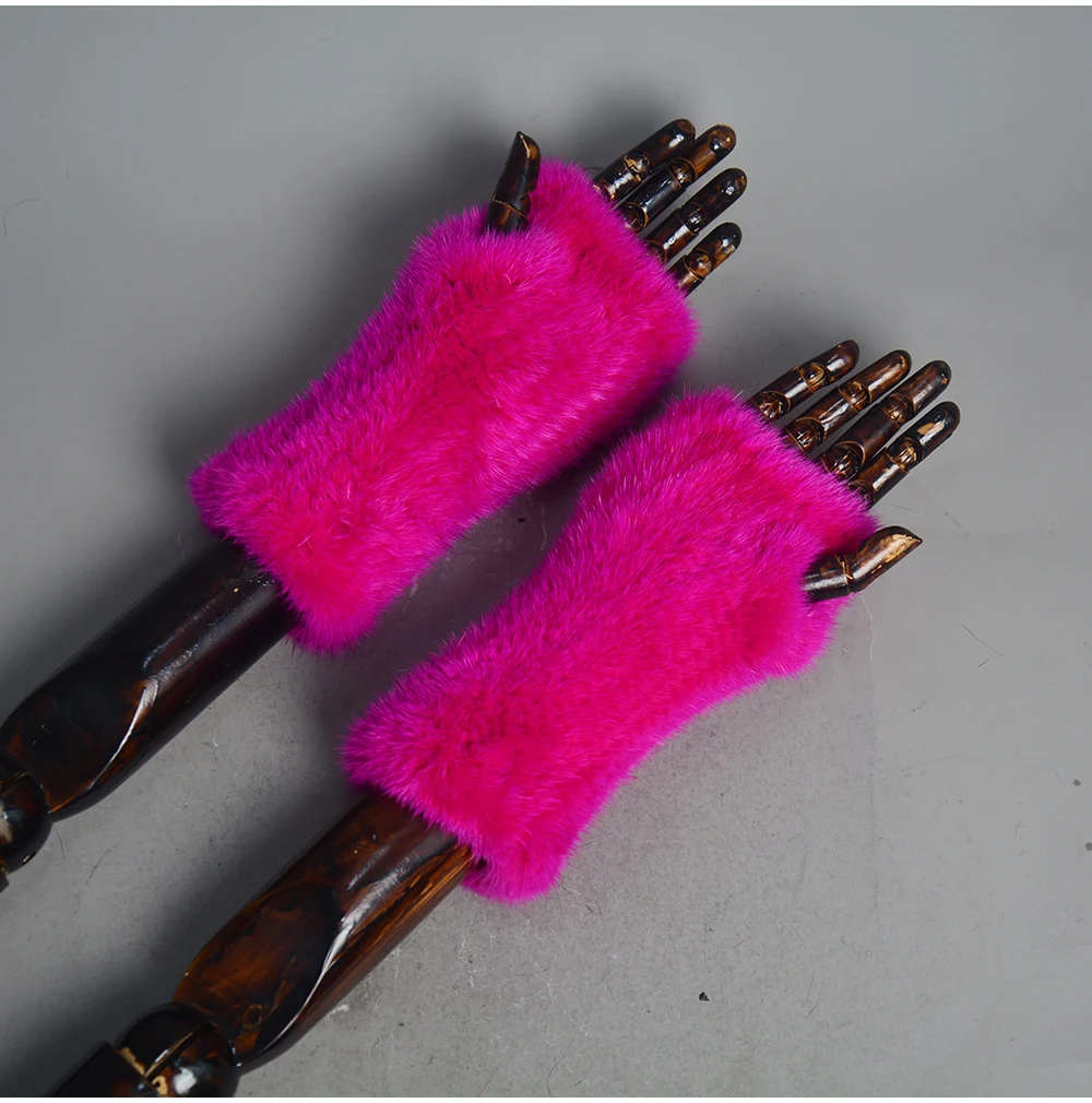 New Women 100% Real Genuine Knitted Mink Fur Mittens Winter Warm Lady Real Fur Fingerless Gloves Handmade Knit Mink Fur Mitten