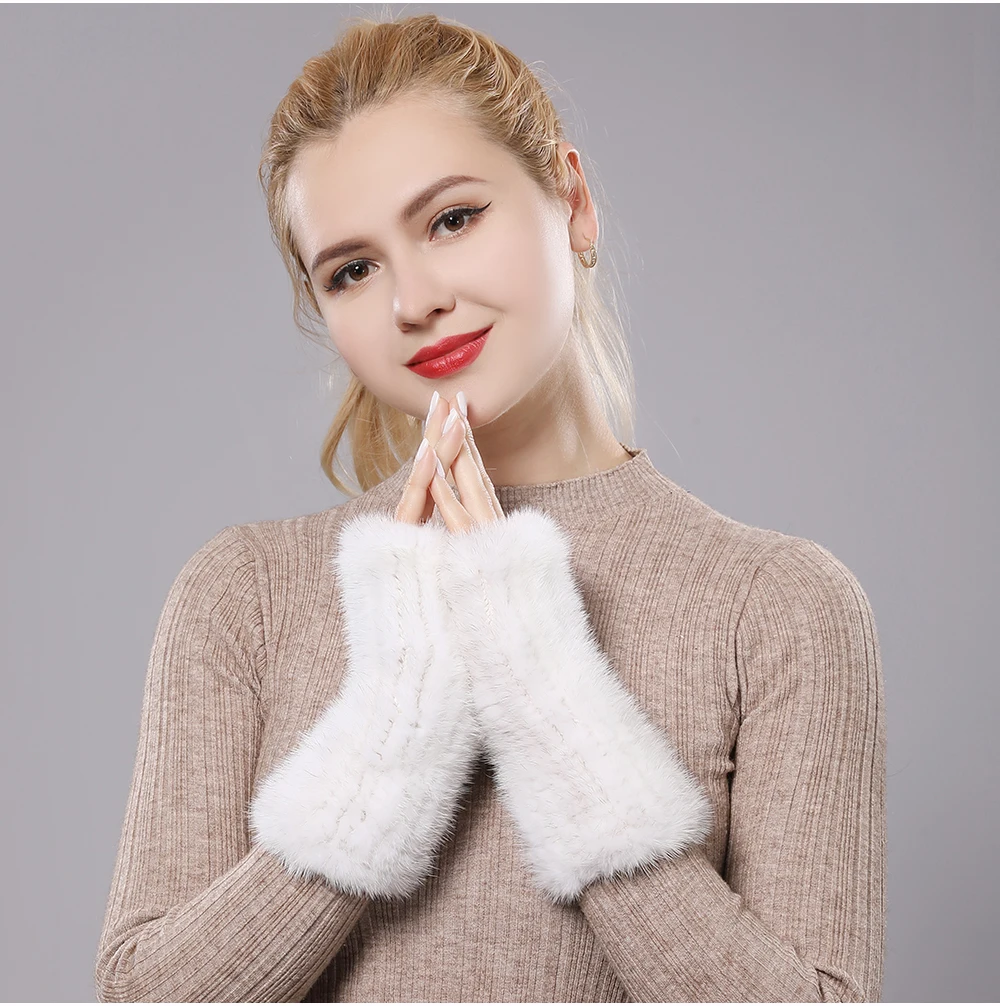 New Women 100% Real Genuine Knitted Mink Fur Mittens Winter Warm Lady Real Fur Fingerless Gloves Handmade Knit Mink Fur Mitten