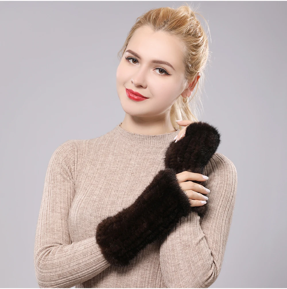 New Women 100% Real Genuine Knitted Mink Fur Mittens Winter Warm Lady Real Fur Fingerless Gloves Handmade Knit Mink Fur Mitten