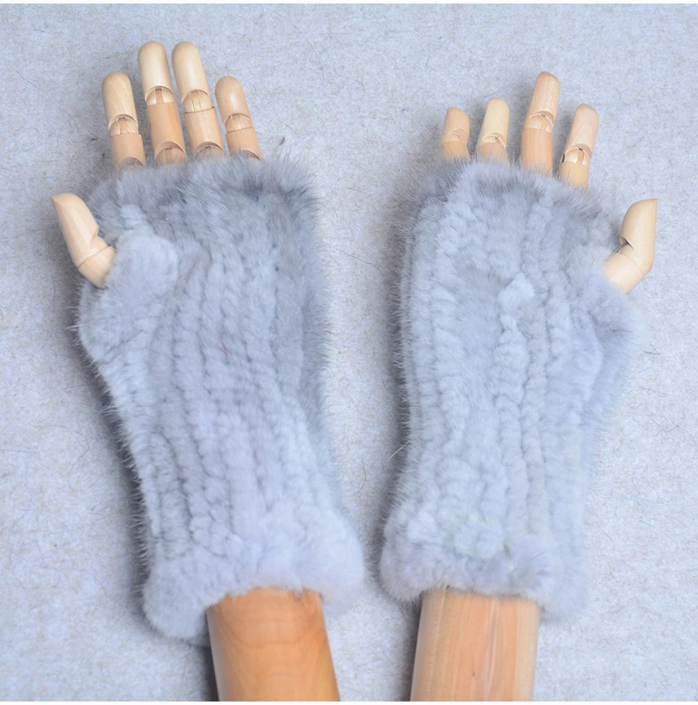 New Women 100% Real Genuine Knitted Mink Fur Mittens Winter Warm Lady Real Fur Fingerless Gloves Handmade Knit Mink Fur Mitten