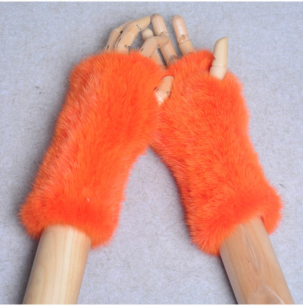 New Women 100% Real Genuine Knitted Mink Fur Mittens Winter Warm Lady Real Fur Fingerless Gloves Handmade Knit Mink Fur Mitten