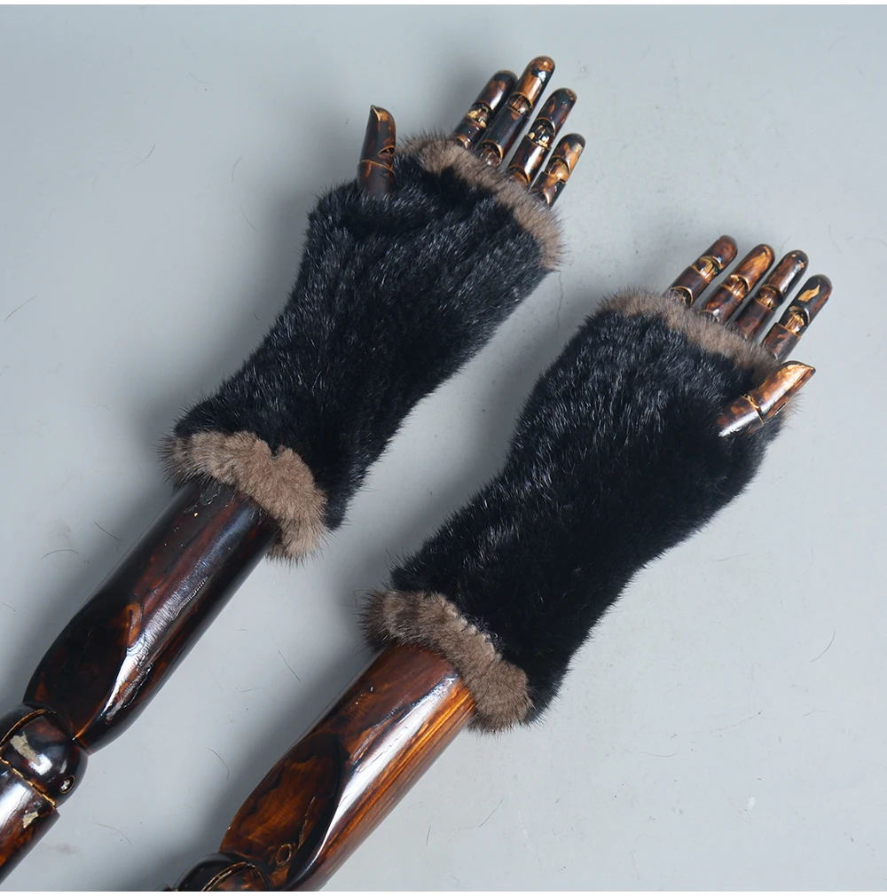 New Women 100% Real Genuine Knitted Mink Fur Mittens Winter Warm Lady Real Fur Fingerless Gloves Handmade Knit Mink Fur Mitten