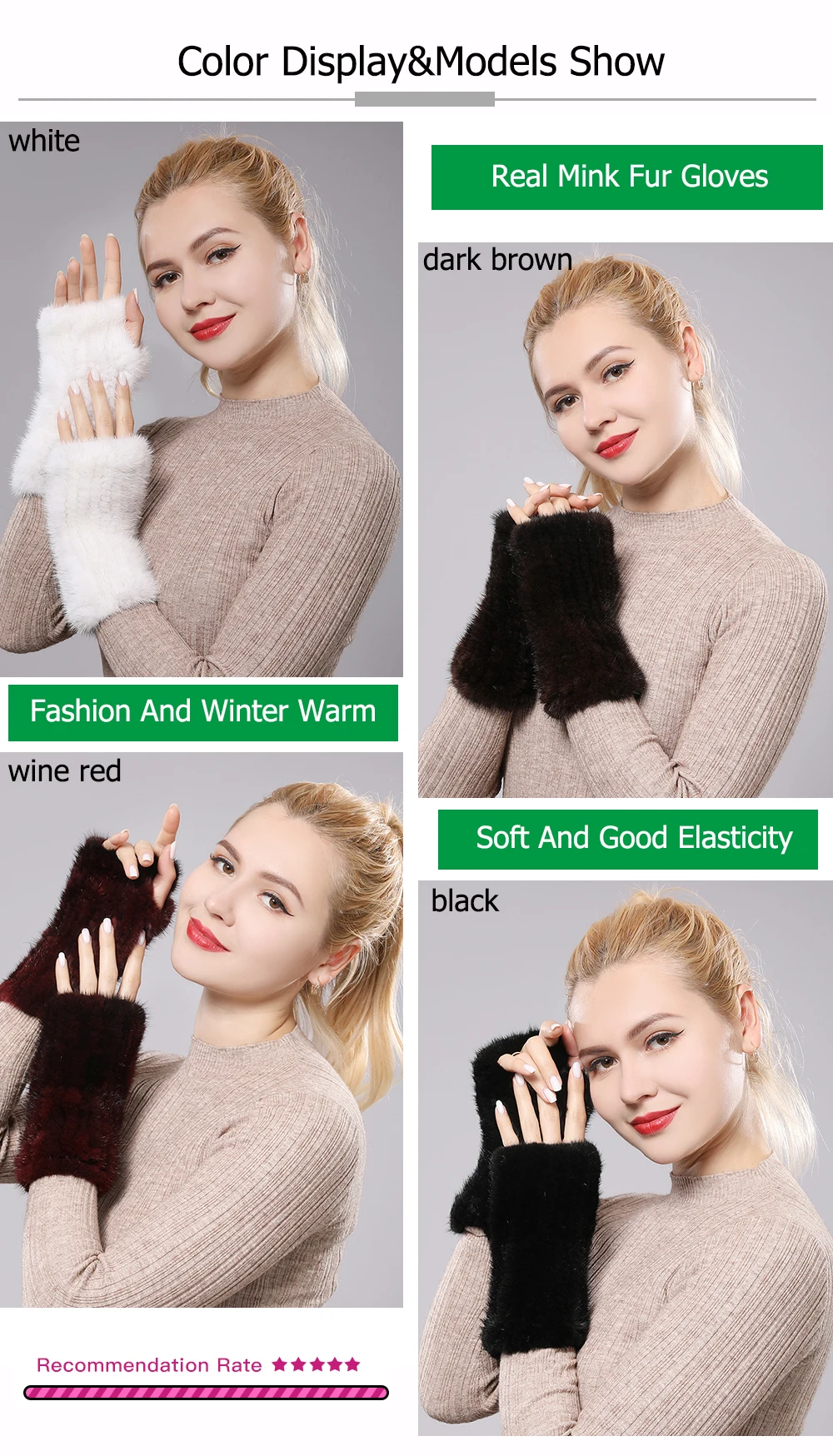 New Women 100% Real Genuine Knitted Mink Fur Mittens Winter Warm Lady Real Fur Fingerless Gloves Handmade Knit Mink Fur Mitten