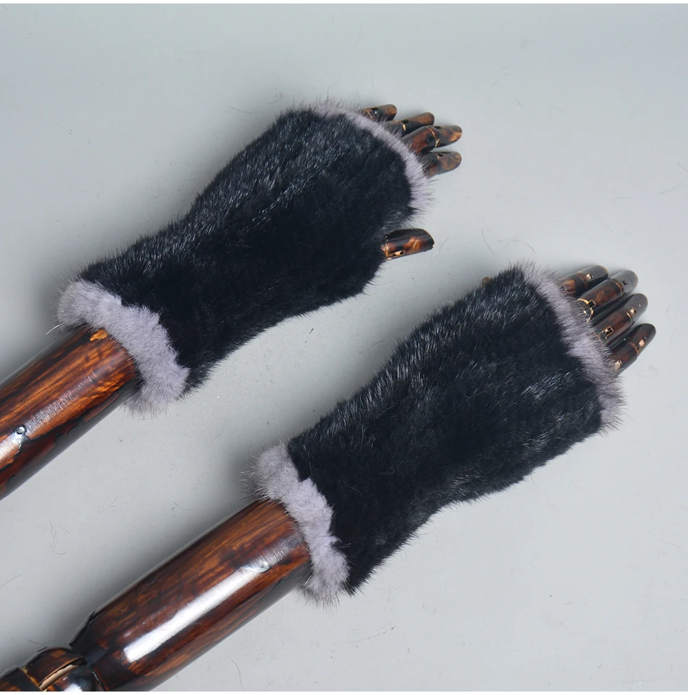 New Women 100% Real Genuine Knitted Mink Fur Mittens Winter Warm Lady Real Fur Fingerless Gloves Handmade Knit Mink Fur Mitten