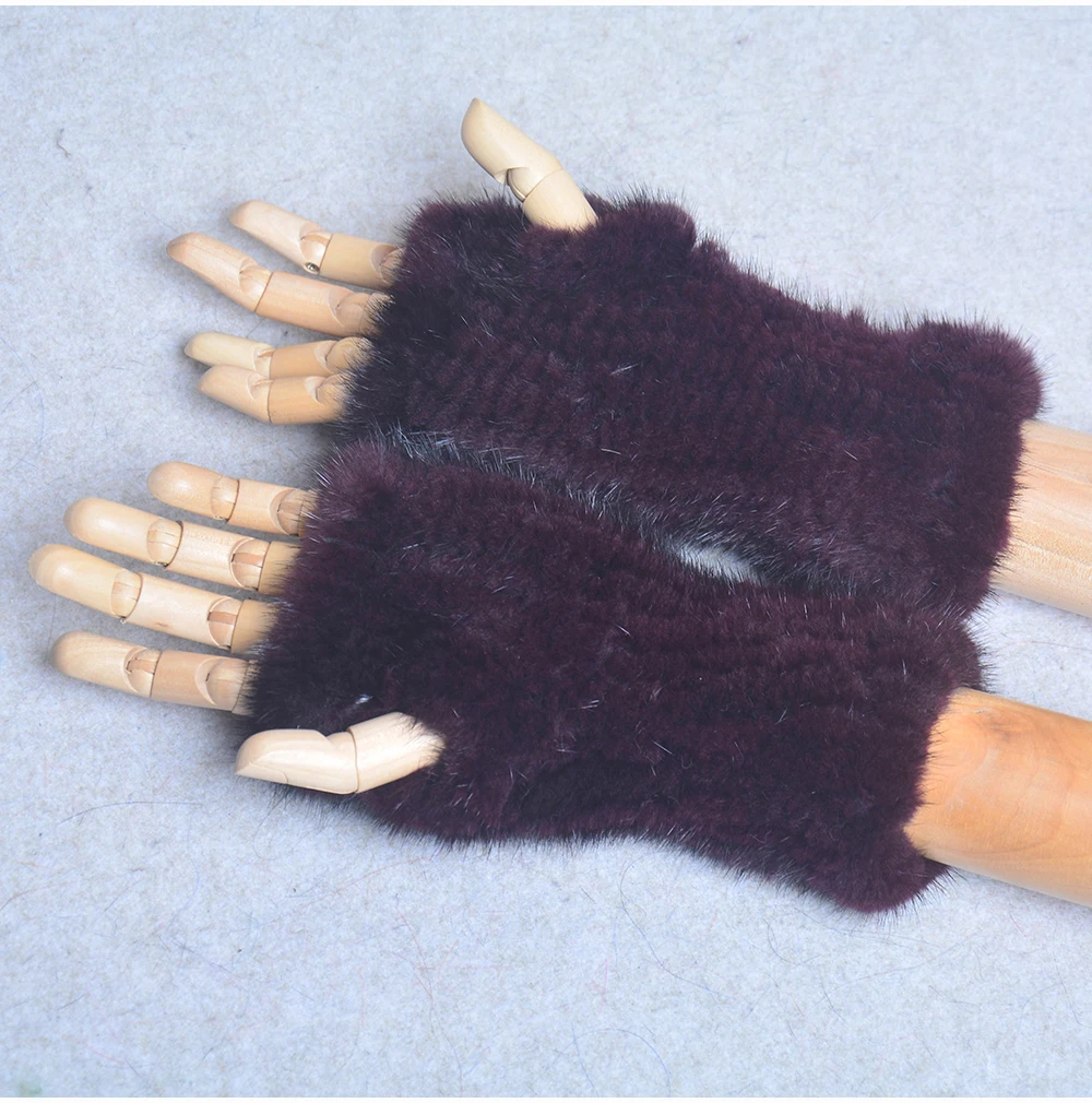 New Women 100% Real Genuine Knitted Mink Fur Mittens Winter Warm Lady Real Fur Fingerless Gloves Handmade Knit Mink Fur Mitten