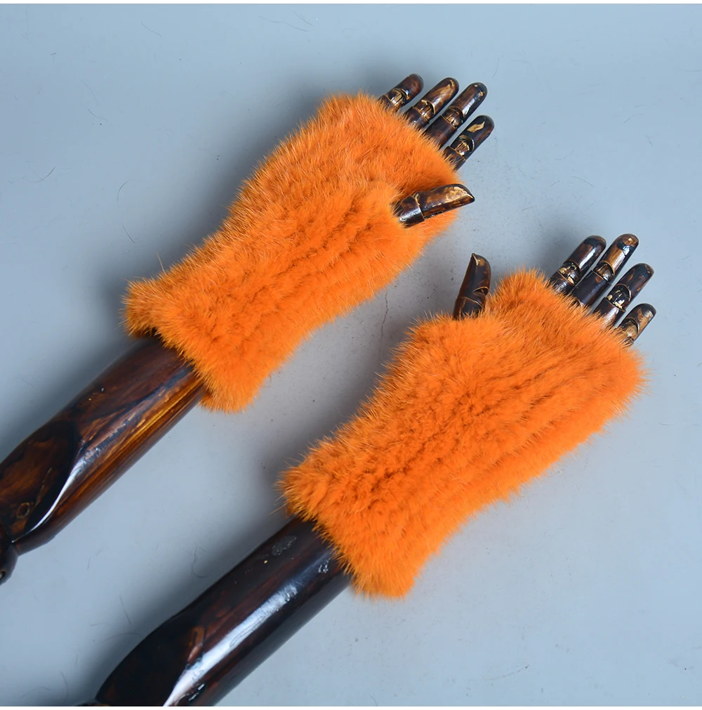 New Women 100% Real Genuine Knitted Mink Fur Mittens Winter Warm Lady Real Fur Fingerless Gloves Handmade Knit Mink Fur Mitten