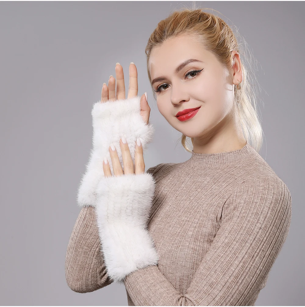 New Women 100% Real Genuine Knitted Mink Fur Mittens Winter Warm Lady Real Fur Fingerless Gloves Handmade Knit Mink Fur Mitten