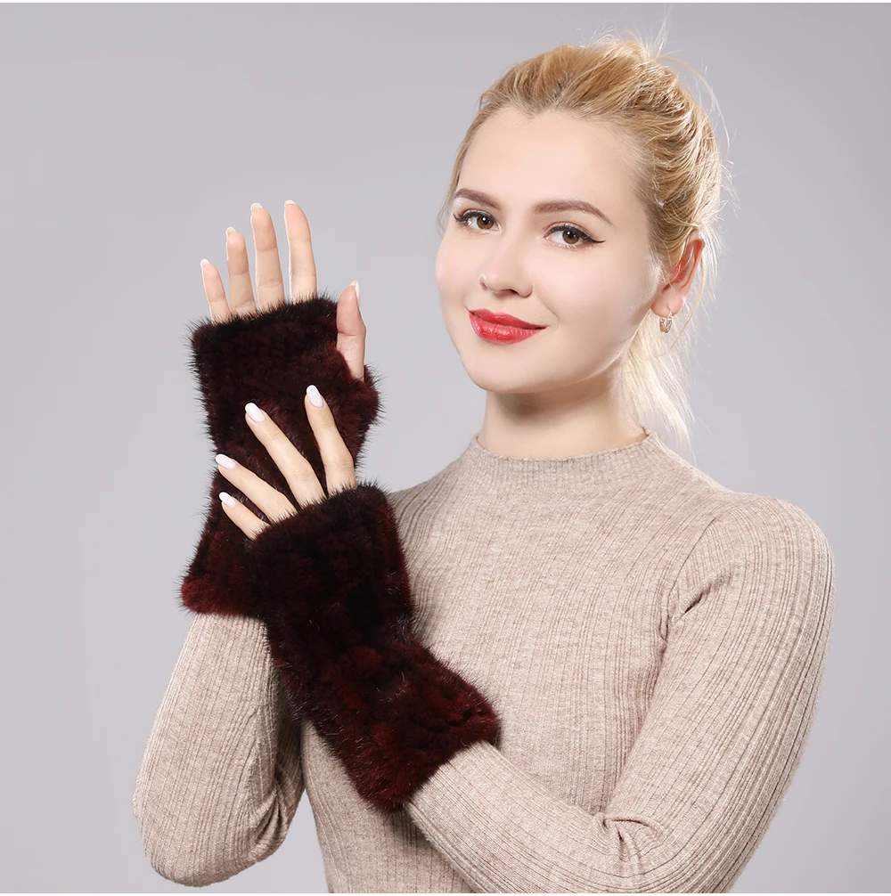New Women 100% Real Genuine Knitted Mink Fur Mittens Winter Warm Lady Real Fur Fingerless Gloves Handmade Knit Mink Fur Mitten