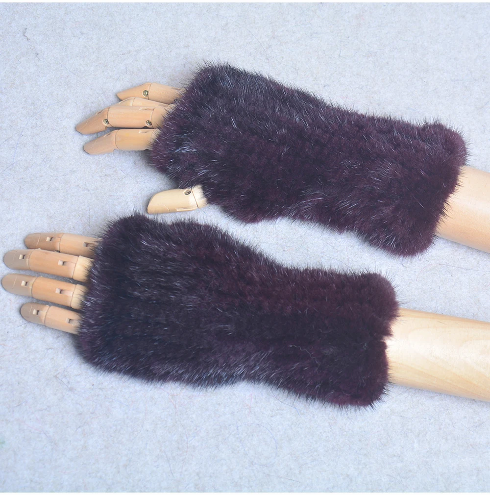 New Women 100% Real Genuine Knitted Mink Fur Mittens Winter Warm Lady Real Fur Fingerless Gloves Handmade Knit Mink Fur Mitten