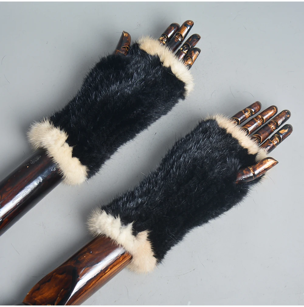 New Women 100% Real Genuine Knitted Mink Fur Mittens Winter Warm Lady Real Fur Fingerless Gloves Handmade Knit Mink Fur Mitten