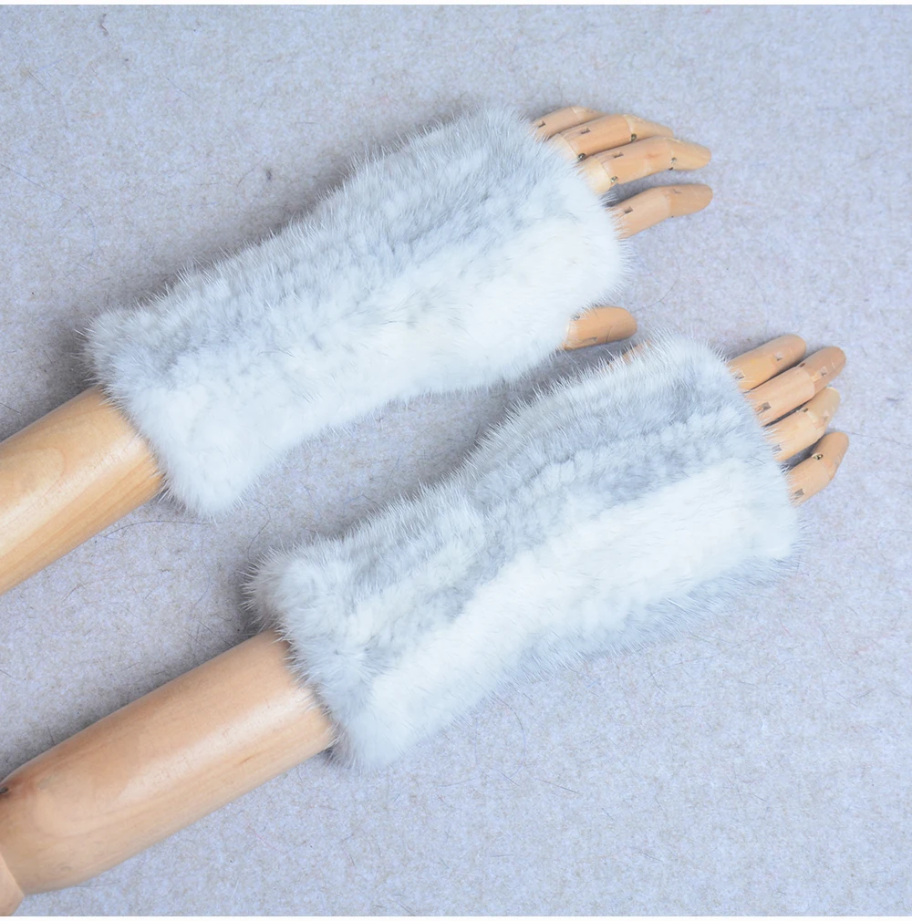 New Women 100% Real Genuine Knitted Mink Fur Mittens Winter Warm Lady Real Fur Fingerless Gloves Handmade Knit Mink Fur Mitten
