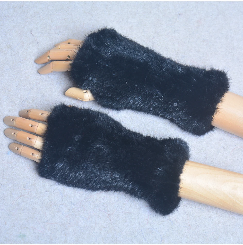 New Women 100% Real Genuine Knitted Mink Fur Mittens Winter Warm Lady Real Fur Fingerless Gloves Handmade Knit Mink Fur Mitten
