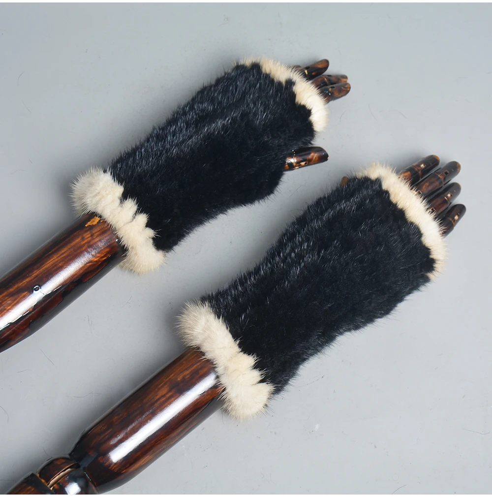 New Women 100% Real Genuine Knitted Mink Fur Mittens Winter Warm Lady Real Fur Fingerless Gloves Handmade Knit Mink Fur Mitten