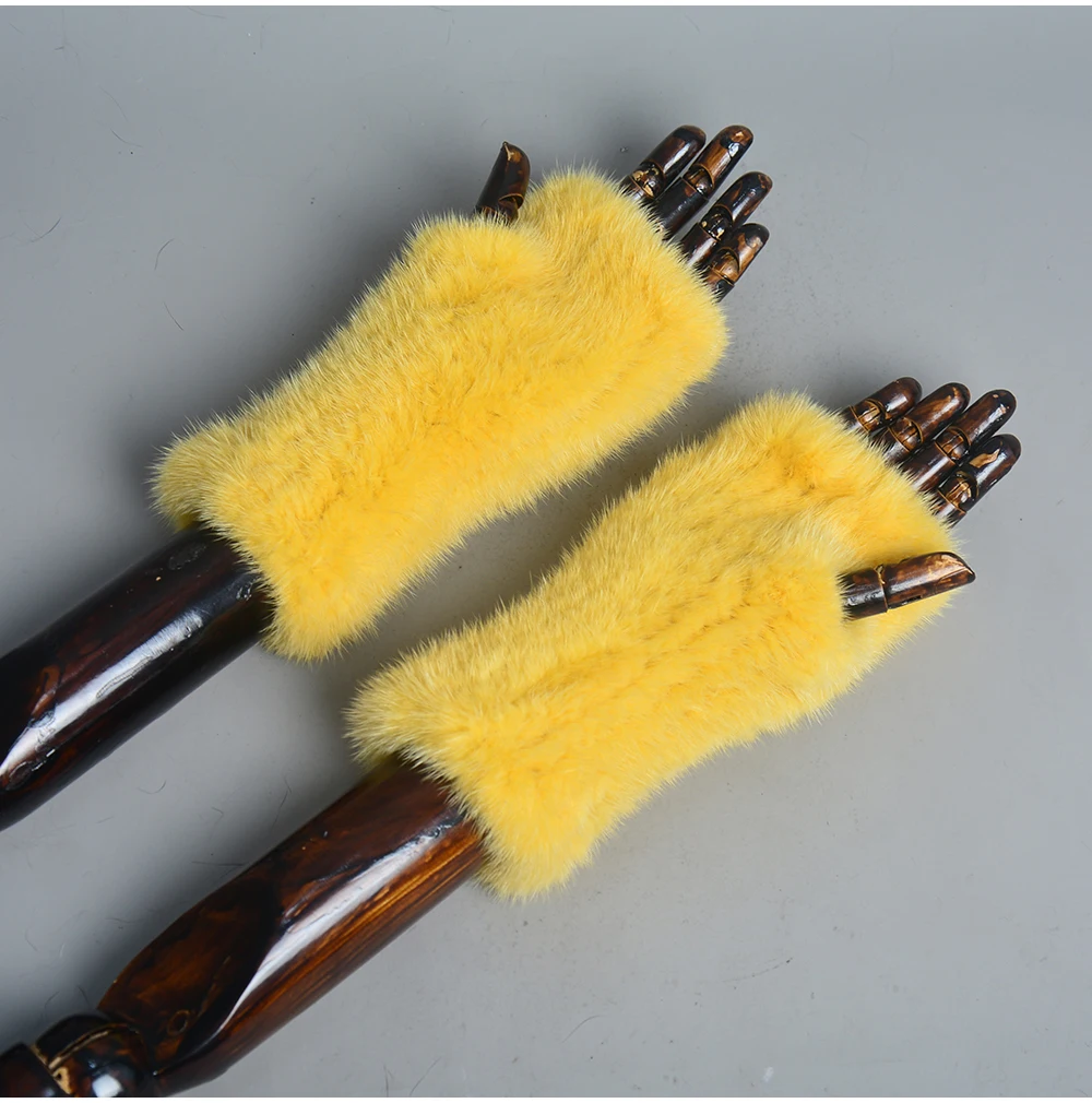 New Women 100% Real Genuine Knitted Mink Fur Mittens Winter Warm Lady Real Fur Fingerless Gloves Handmade Knit Mink Fur Mitten