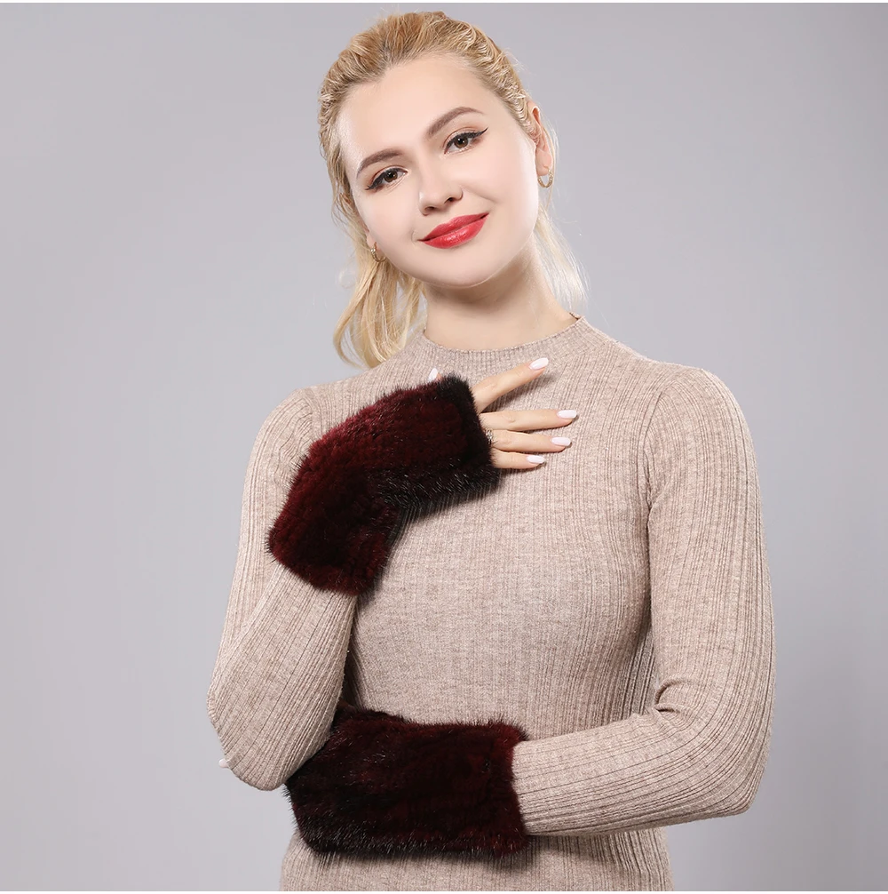 New Women 100% Real Genuine Knitted Mink Fur Mittens Winter Warm Lady Real Fur Fingerless Gloves Handmade Knit Mink Fur Mitten
