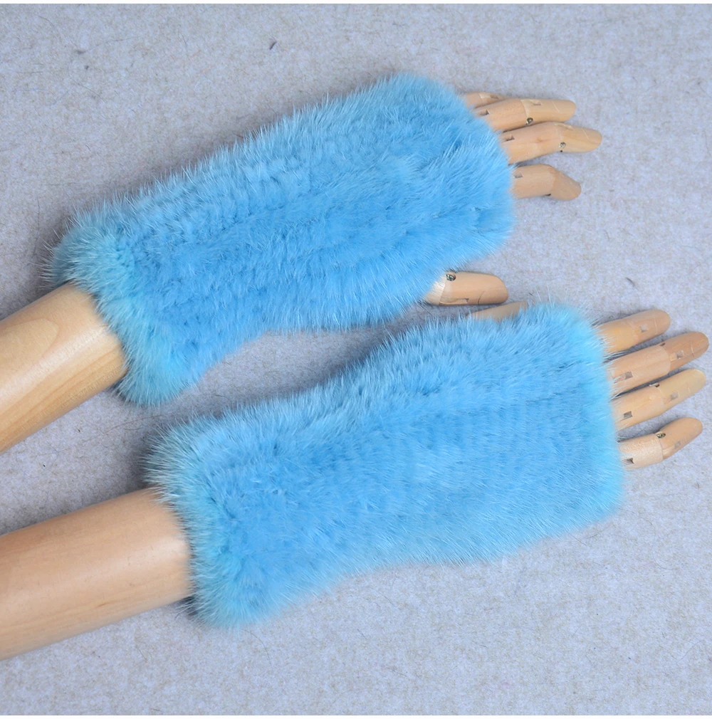 New Women 100% Real Genuine Knitted Mink Fur Mittens Winter Warm Lady Real Fur Fingerless Gloves Handmade Knit Mink Fur Mitten