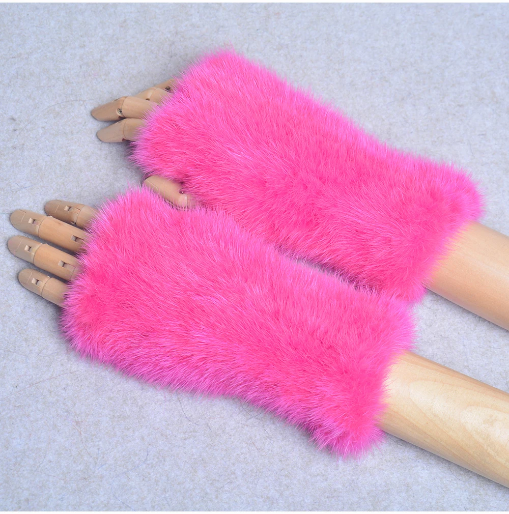 New Women 100% Real Genuine Knitted Mink Fur Mittens Winter Warm Lady Real Fur Fingerless Gloves Handmade Knit Mink Fur Mitten