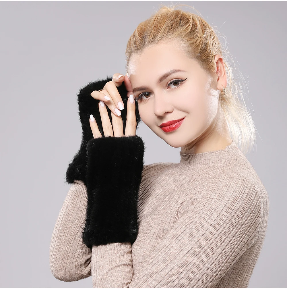 New Women 100% Real Genuine Knitted Mink Fur Mittens Winter Warm Lady Real Fur Fingerless Gloves Handmade Knit Mink Fur Mitten