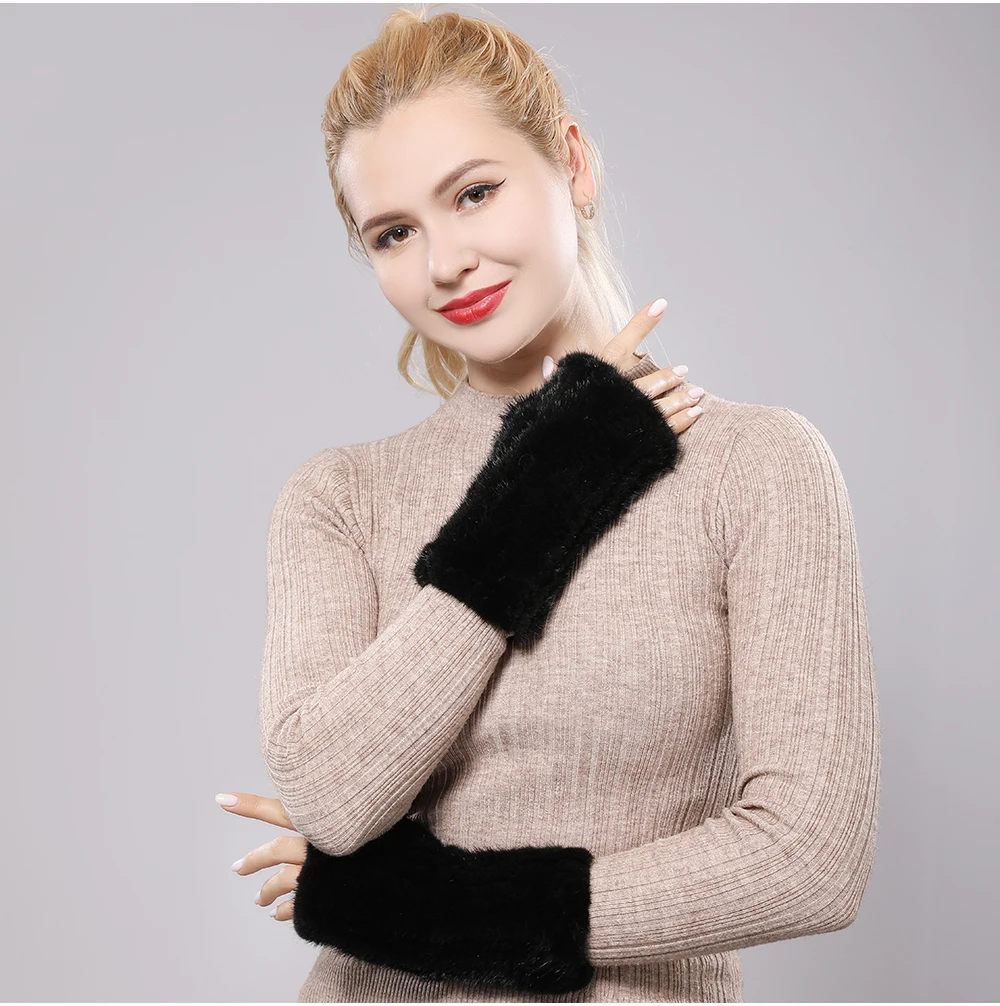 New Women 100% Real Genuine Knitted Mink Fur Mittens Winter Warm Lady Real Fur Fingerless Gloves Handmade Knit Mink Fur Mitten