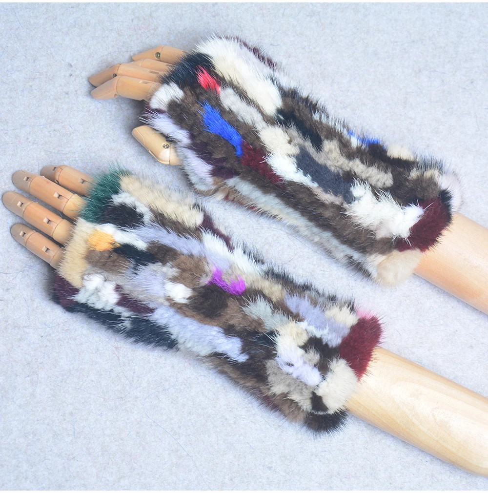 New Women 100% Real Genuine Knitted Mink Fur Mittens Winter Warm Lady Real Fur Fingerless Gloves Handmade Knit Mink Fur Mitten
