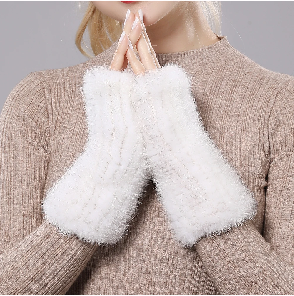 New Women 100% Real Genuine Knitted Mink Fur Mittens Winter Warm Lady Real Fur Fingerless Gloves Handmade Knit Mink Fur Mitten