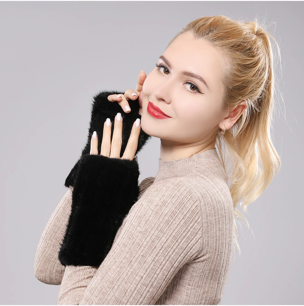 New Women 100% Real Genuine Knitted Mink Fur Mittens Winter Warm Lady Real Fur Fingerless Gloves Handmade Knit Mink Fur Mitten
