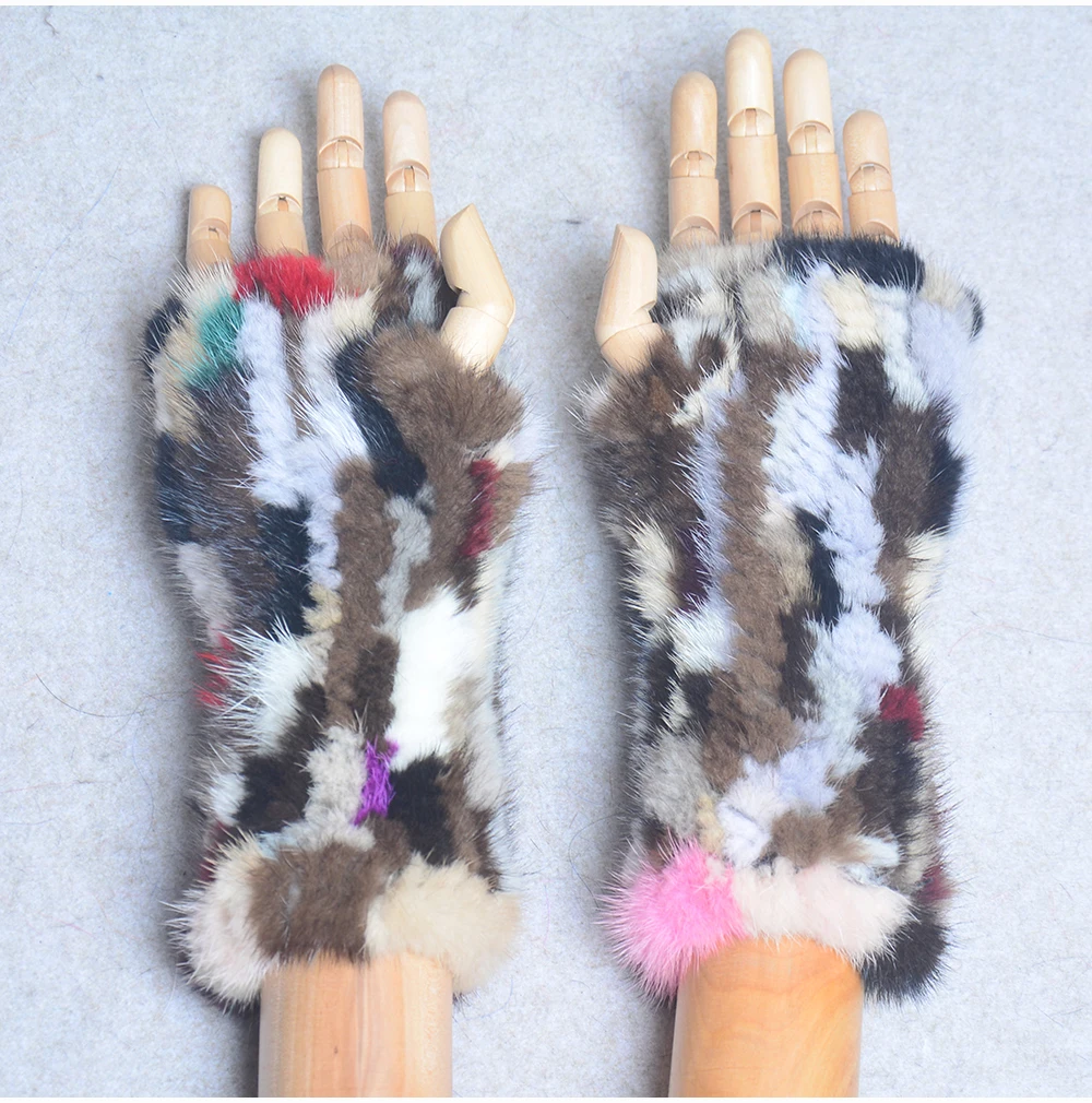 New Women 100% Real Genuine Knitted Mink Fur Mittens Winter Warm Lady Real Fur Fingerless Gloves Handmade Knit Mink Fur Mitten