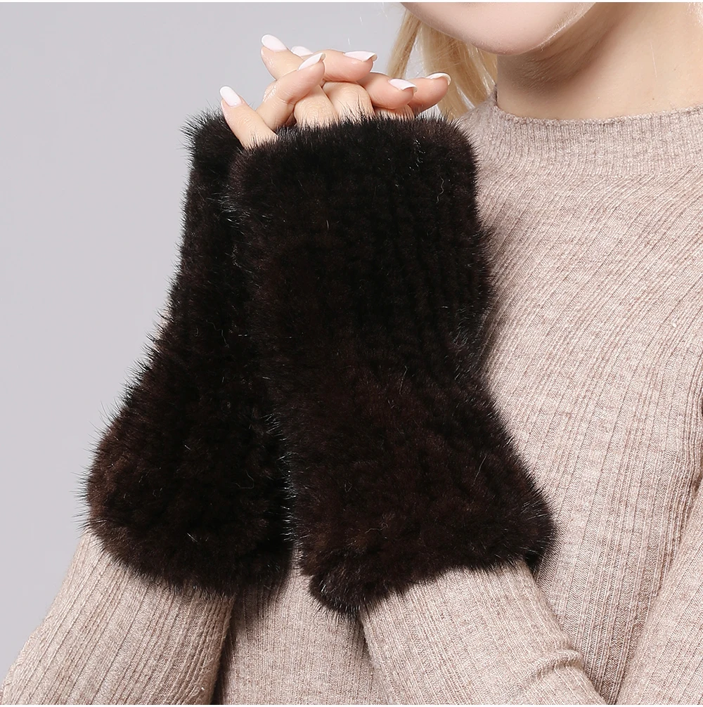 New Women 100% Real Genuine Knitted Mink Fur Mittens Winter Warm Lady Real Fur Fingerless Gloves Handmade Knit Mink Fur Mitten
