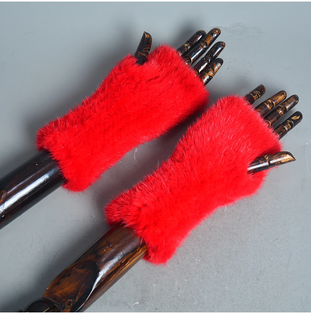New Women 100% Real Genuine Knitted Mink Fur Mittens Winter Warm Lady Real Fur Fingerless Gloves Handmade Knit Mink Fur Mitten