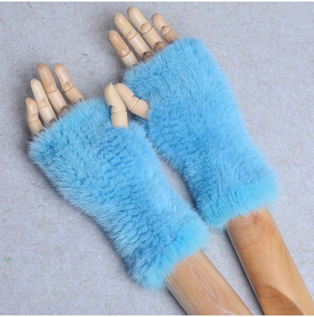 New Women 100% Real Genuine Knitted Mink Fur Mittens Winter Warm Lady Real Fur Fingerless Gloves Handmade Knit Mink Fur Mitten