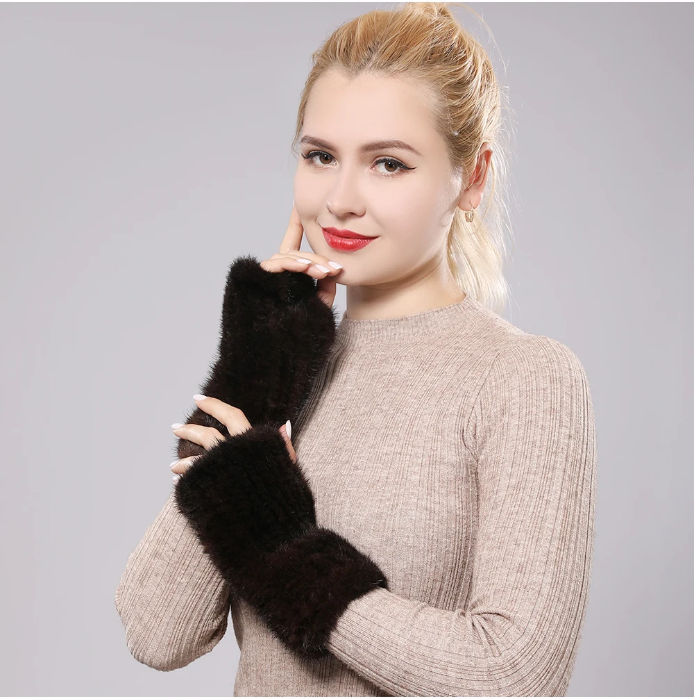 New Women 100% Real Genuine Knitted Mink Fur Mittens Winter Warm Lady Real Fur Fingerless Gloves Handmade Knit Mink Fur Mitten