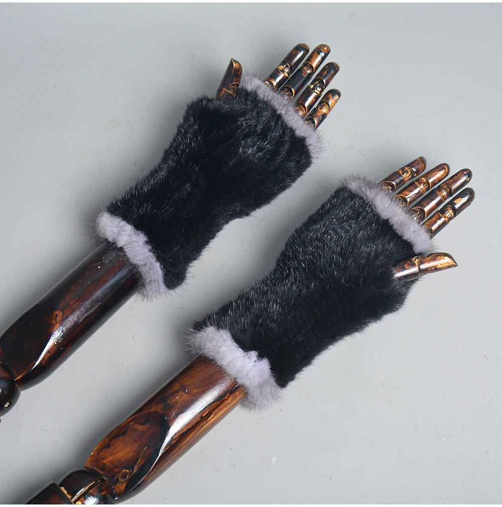 New Women 100% Real Genuine Knitted Mink Fur Mittens Winter Warm Lady Real Fur Fingerless Gloves Handmade Knit Mink Fur Mitten