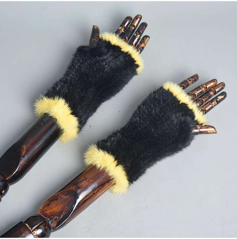 New Women 100% Real Genuine Knitted Mink Fur Mittens Winter Warm Lady Real Fur Fingerless Gloves Handmade Knit Mink Fur Mitten