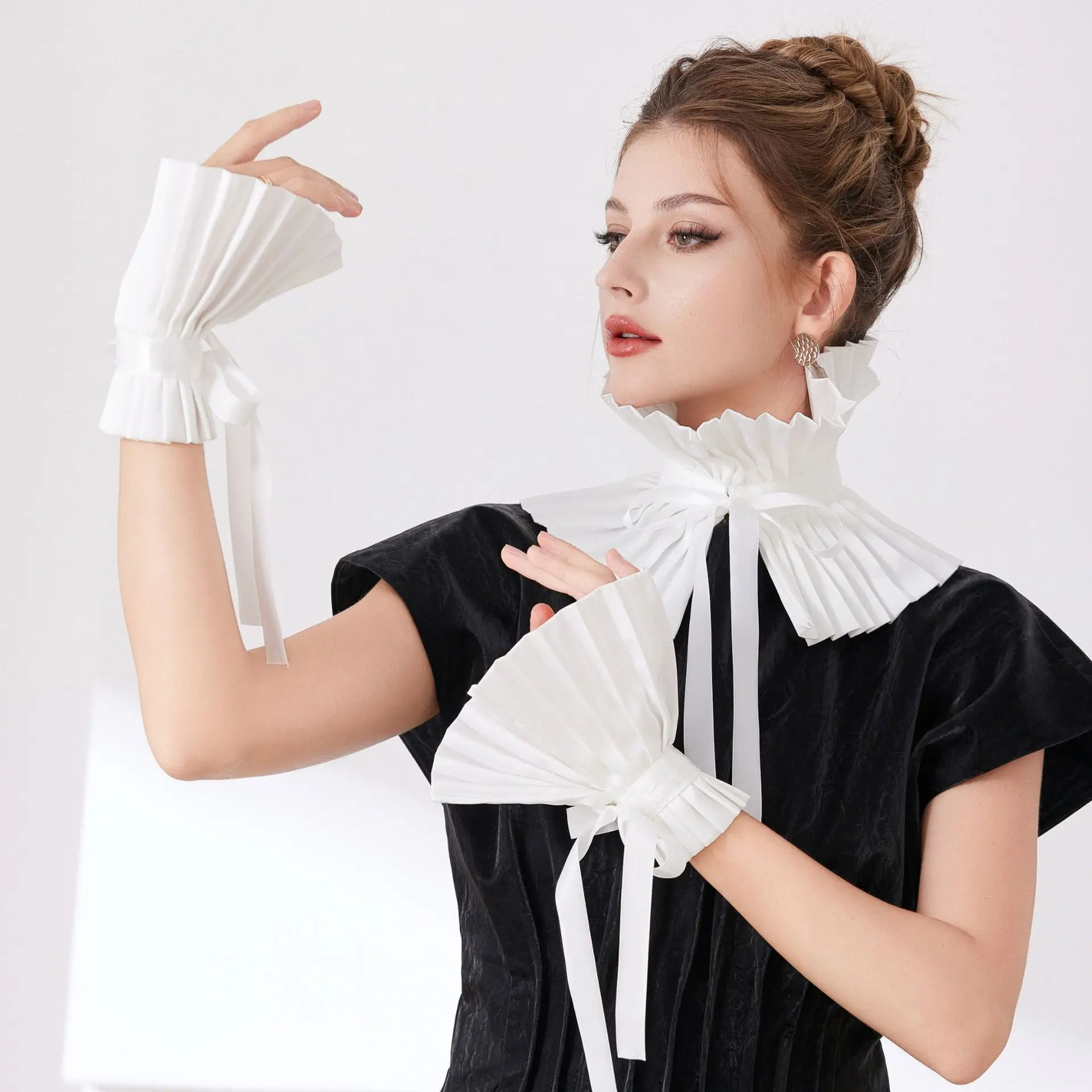 Women Black Cuffs Collar Set Detachable Fake Sleeves Cosplay Costume Accessories Dress Sweater Cuffs Collar Sewing Accessories